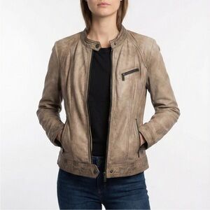 Andrew Marc Vintage Washed Tan Leather Biker Moto Jacket